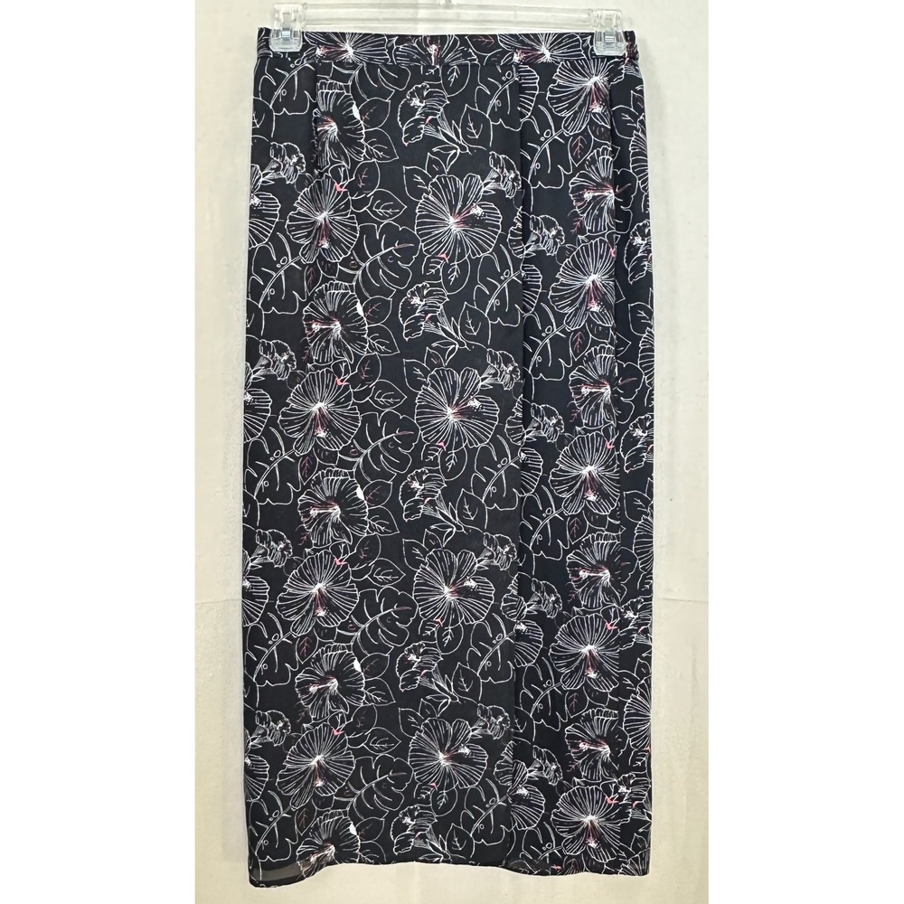 Joan Leslie 80s Dark Cottage Black Pink Hibiscus Floral Midi Wrap Skirt 10 Vtg
